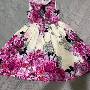 Cream with Beautiful Vibrant Pink and Black Floral Pleated Dress